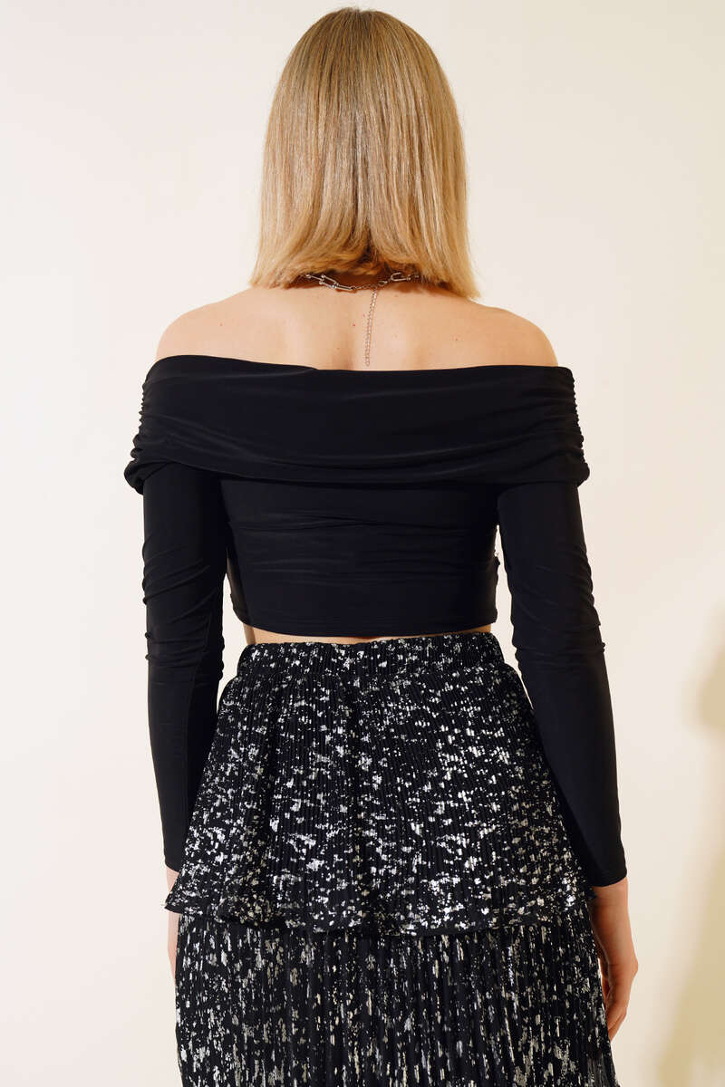 Boat-Neck Blouse with Ruched Front - Black