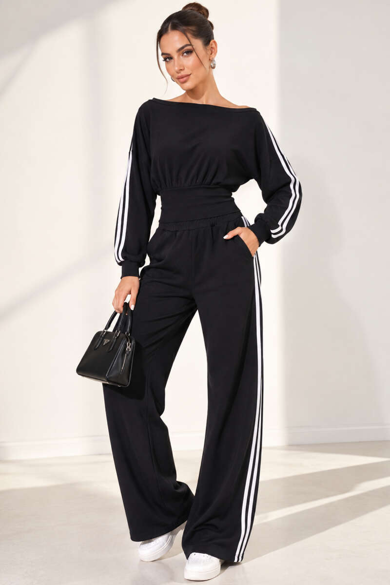 Boat-Neck Two-Piece Set with Stripe Trim - Navy