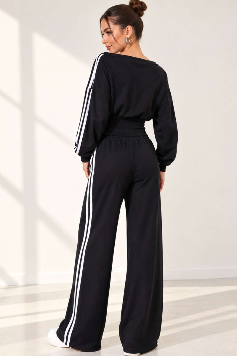 Boat-Neck Two-Piece Set with Stripe Trim - Navy