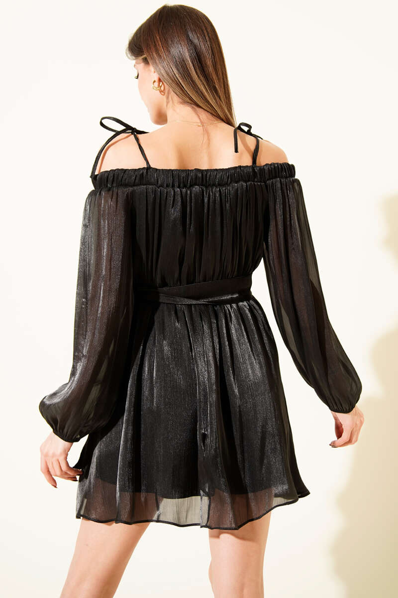 Boat-Neck Sheer Chiffon Mini Dress - Black