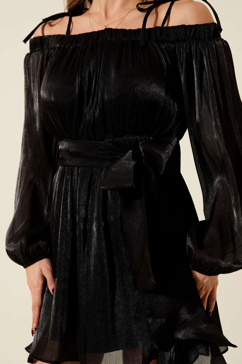 Boat-Neck Sheer Chiffon Mini Dress - Black
