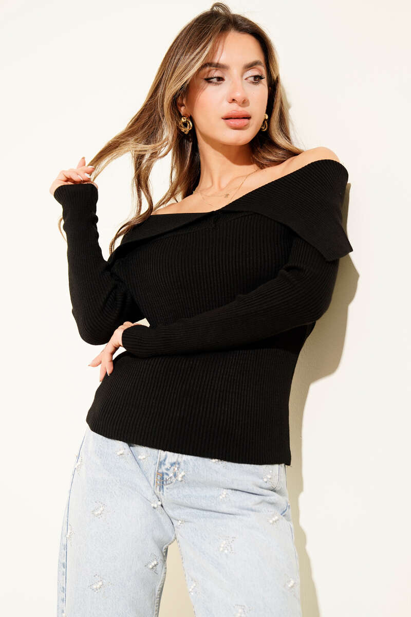 Boat-Neck Knit Sweater - Black