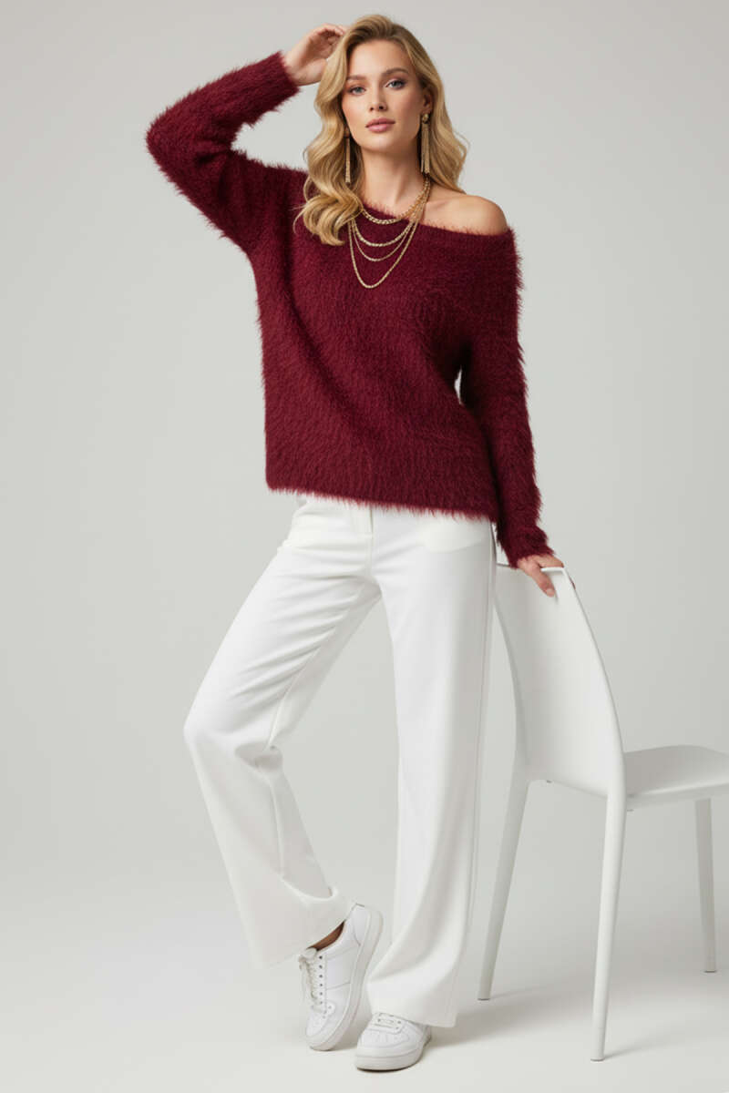 Boat-Neck Fuzzy Sweater - Burgundy