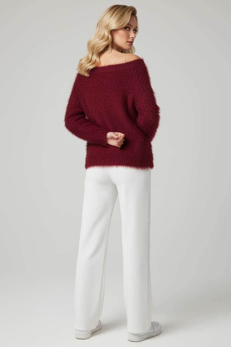 Boat-Neck Fuzzy Sweater - Burgundy