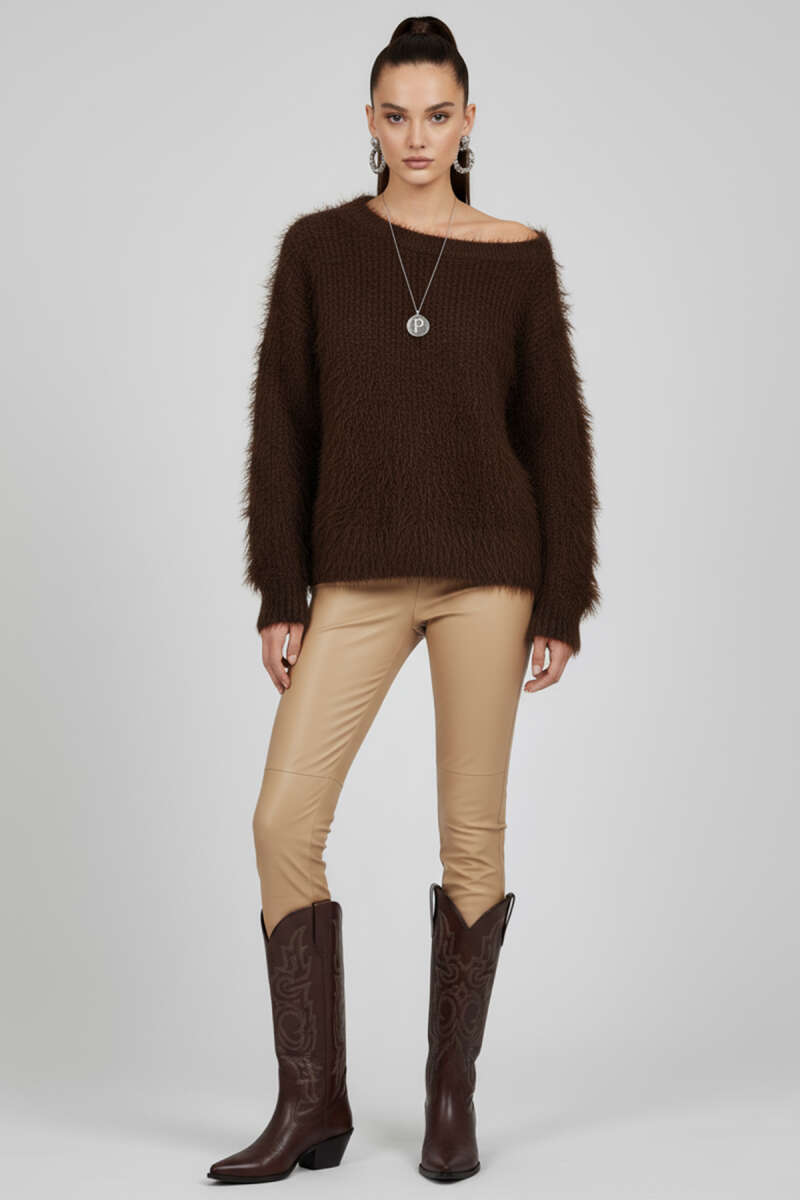 Boat-Neck Fuzzy Sweater - Brown