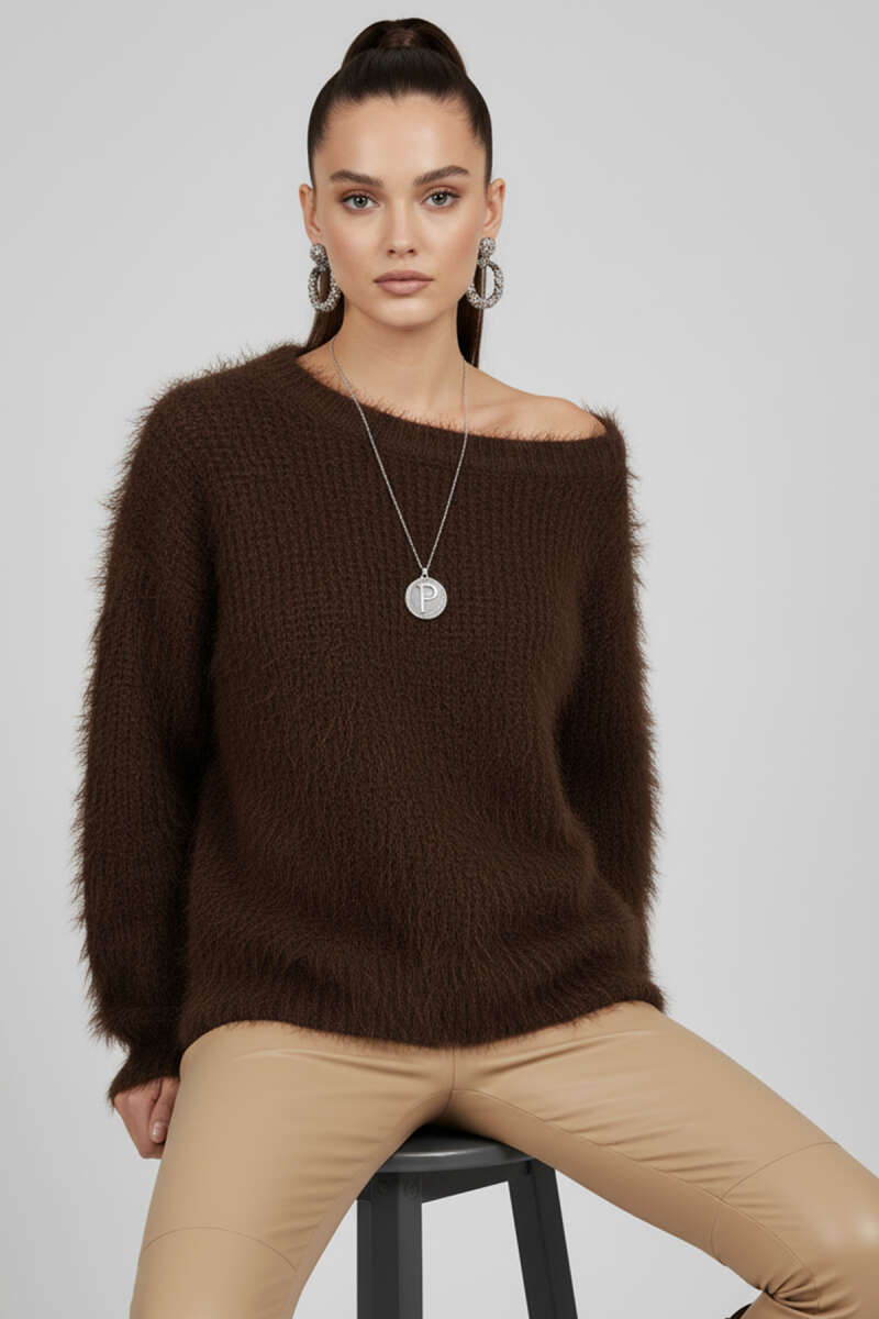 Boat-Neck Fuzzy Sweater - Brown