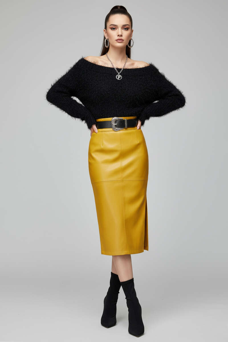 Boat-Neck Fuzzy Sweater - Black