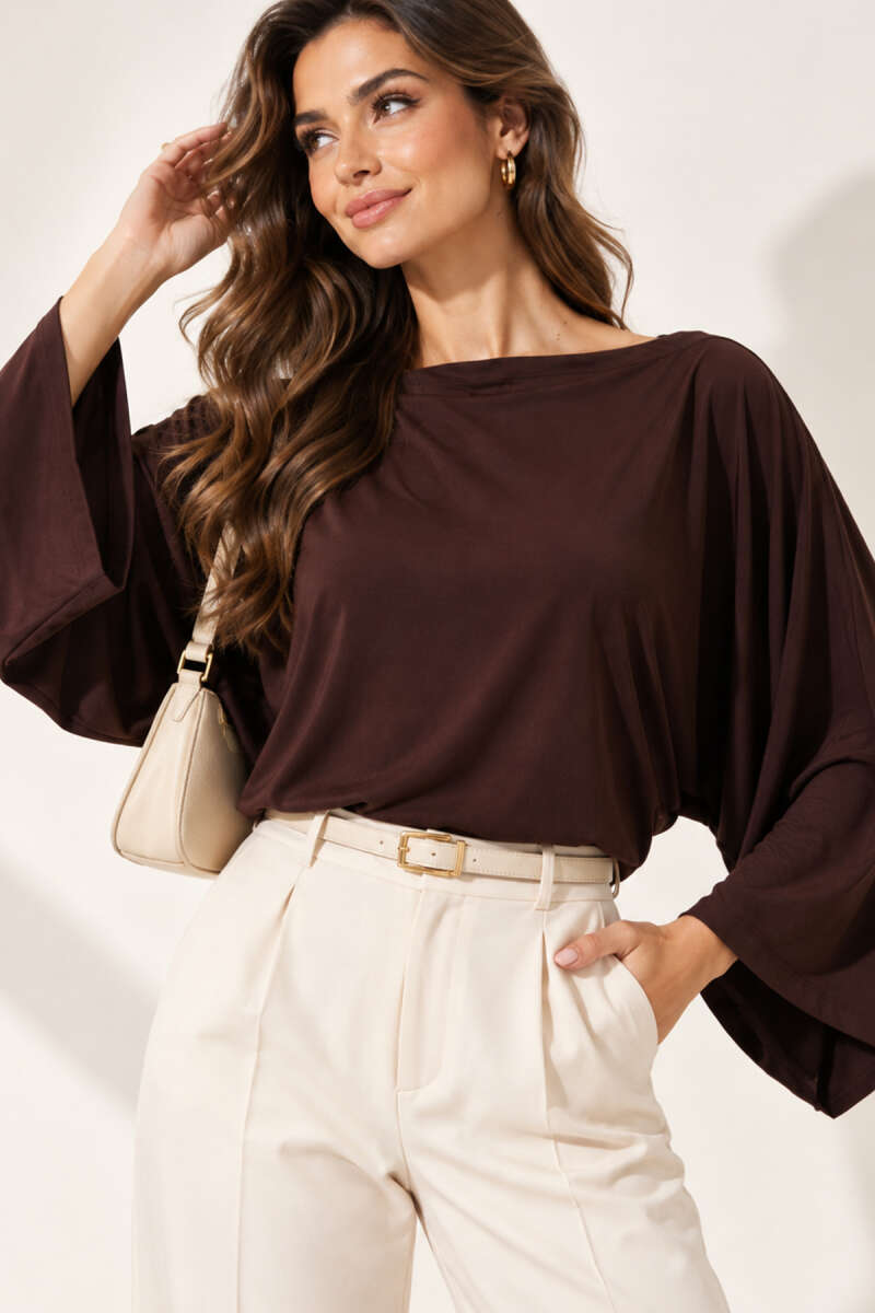 Boat-Neck Batwing Blouse - Brown