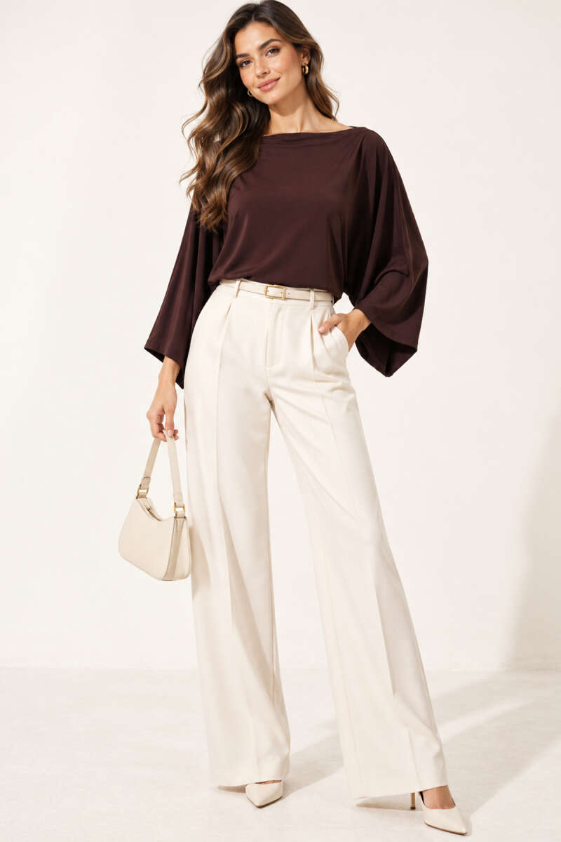 Boat-Neck Batwing Blouse - Brown