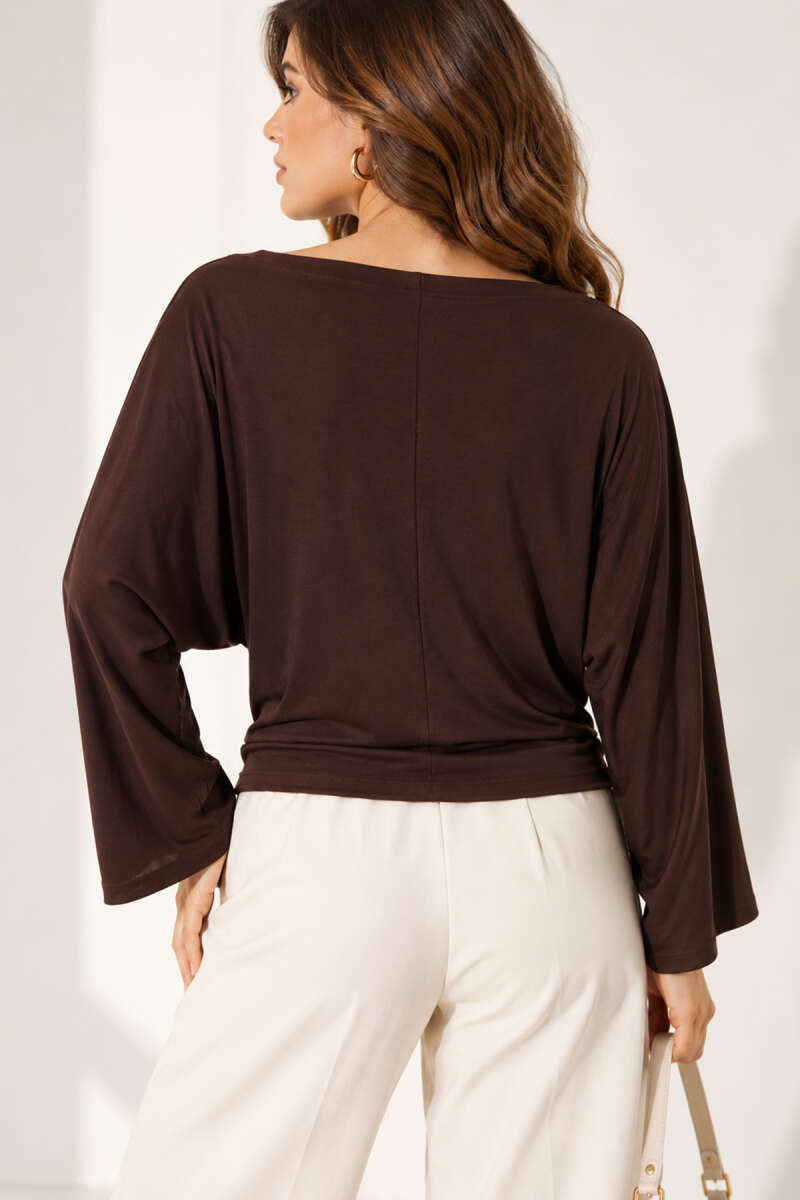 Boat-Neck Batwing Blouse - Brown