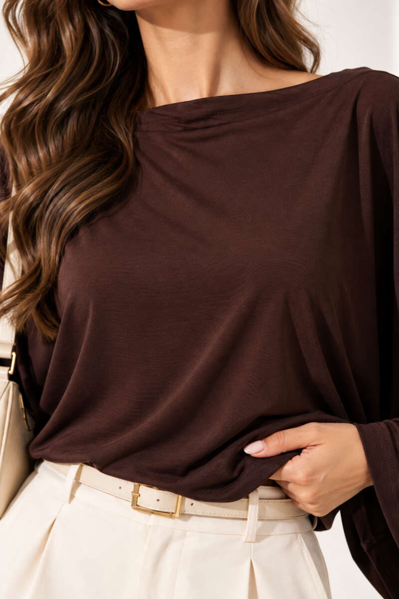 Boat-Neck Batwing Blouse - Brown