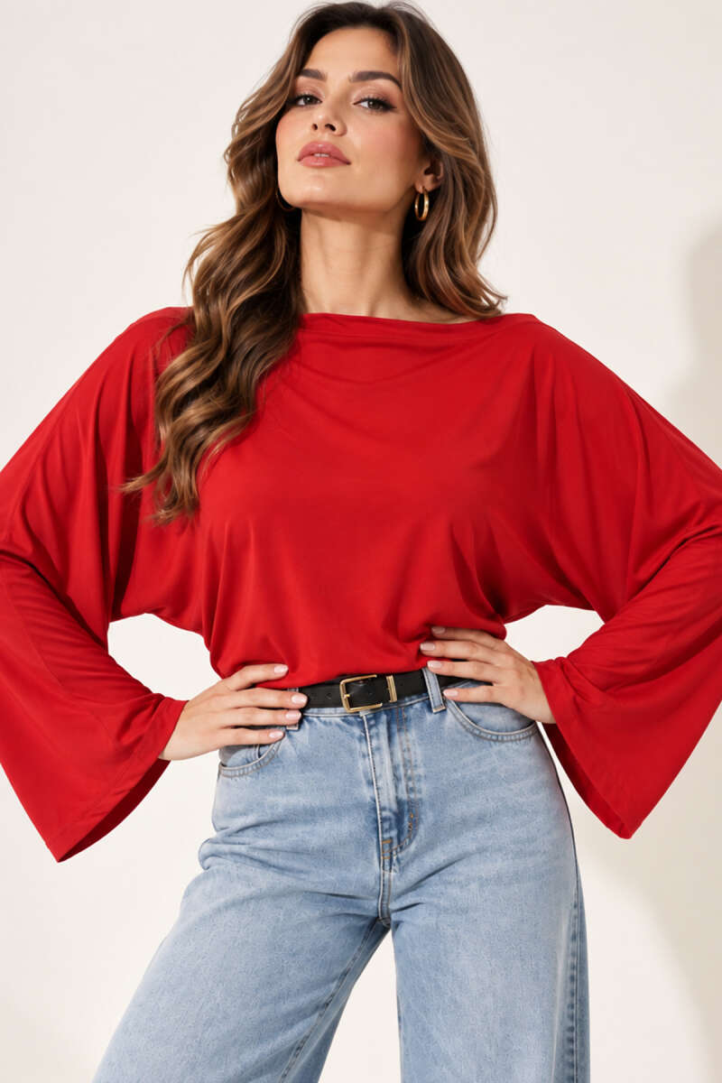 Boat-Neck Batwing Blouse - Red