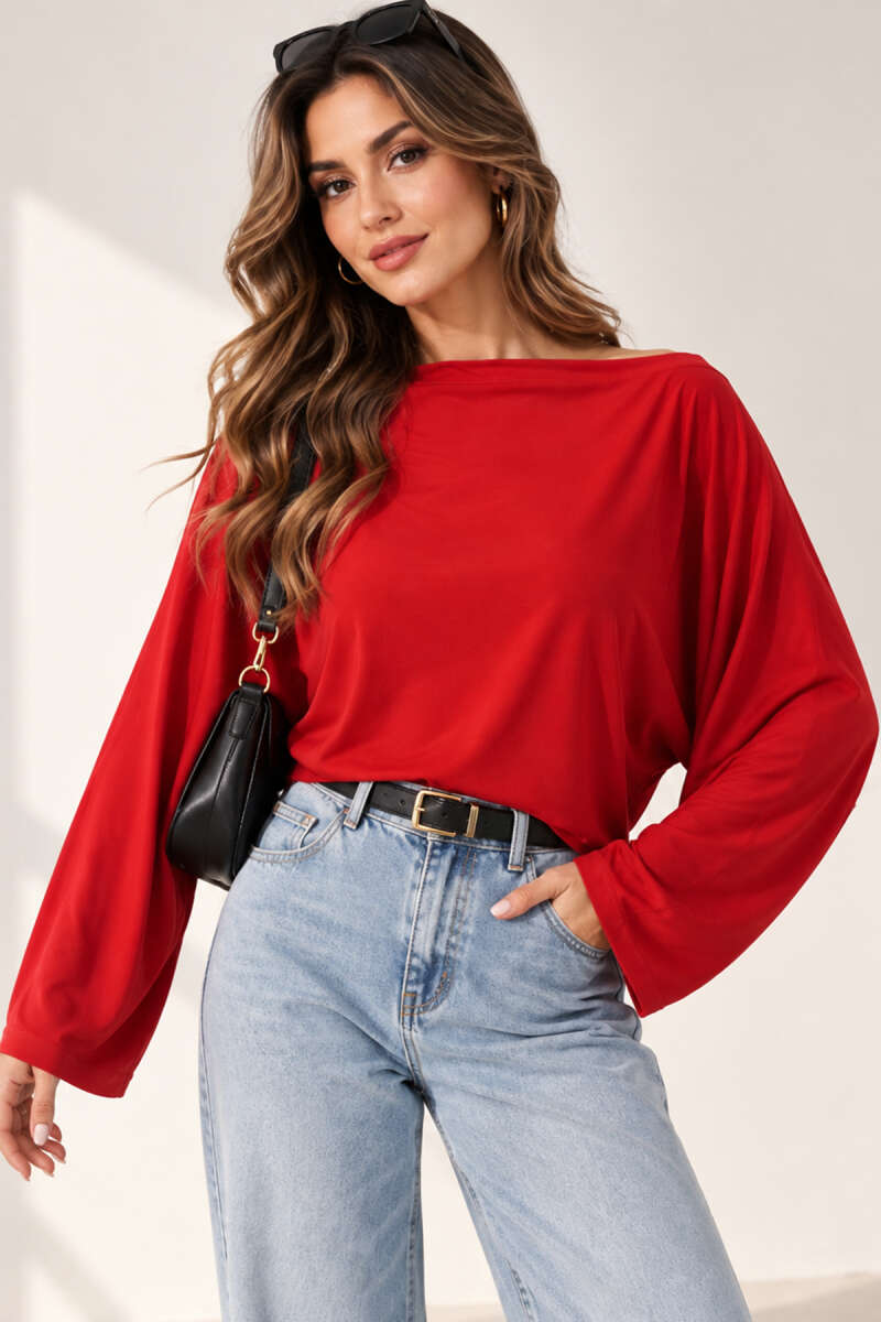 Boat-Neck Batwing Blouse - Red