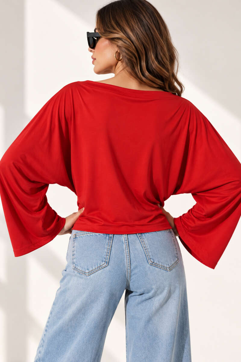 Boat-Neck Batwing Blouse - Red