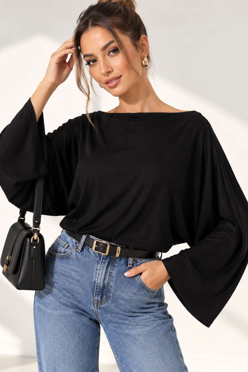 Boat-Neck Batwing Blouse - Black