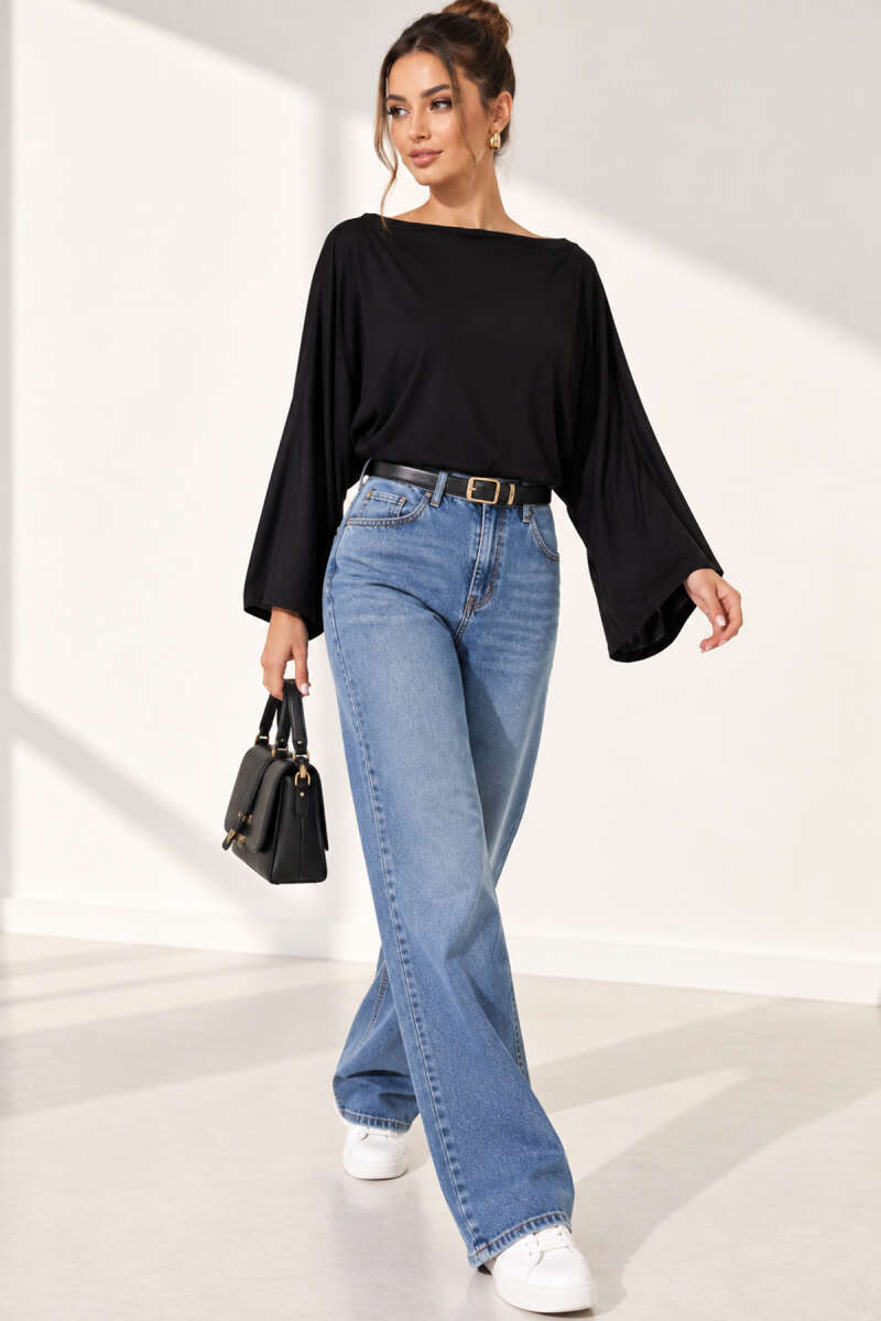 Boat-Neck Batwing Blouse - Black
