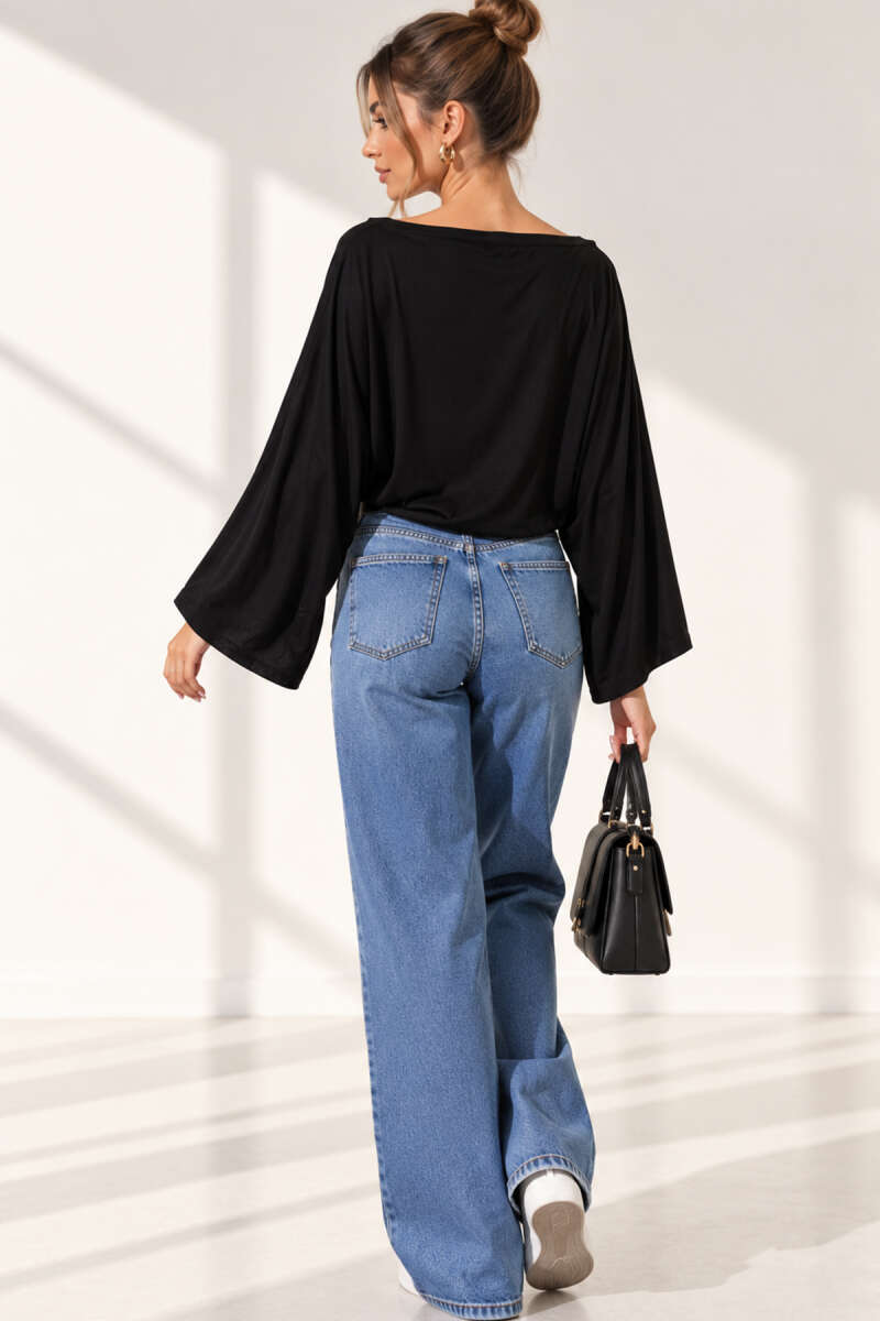 Boat-Neck Batwing Blouse - Black