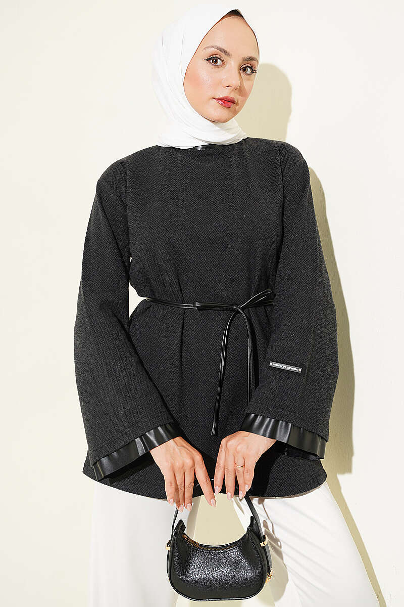 Houndstooth Tunic with Leather Ties and Trim - Charcoal