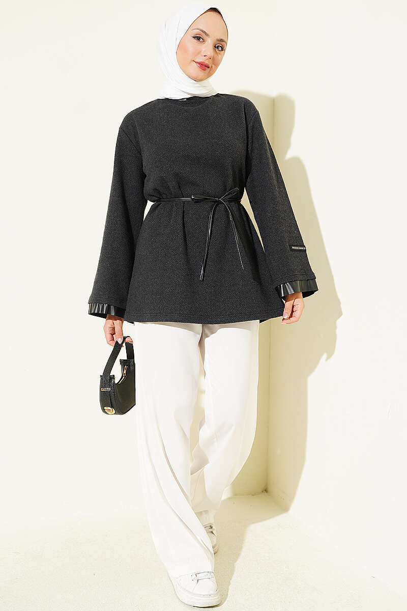 Houndstooth Tunic with Leather Ties and Trim - Charcoal