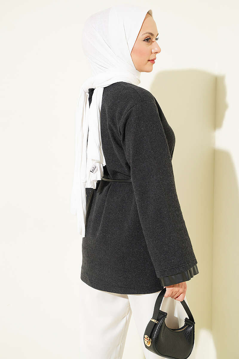 Houndstooth Tunic with Leather Ties and Trim - Charcoal