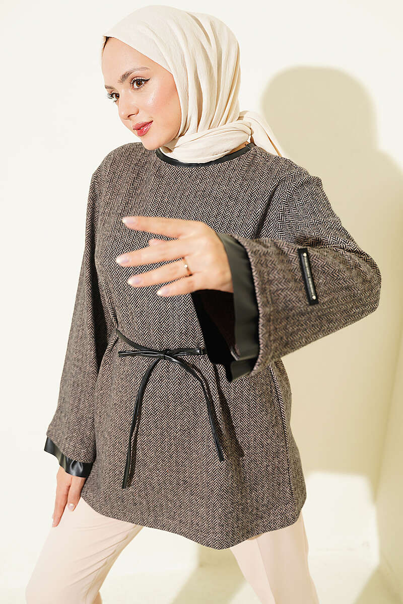 Houndstooth Tunic with Leather Ties and Trim - Beige