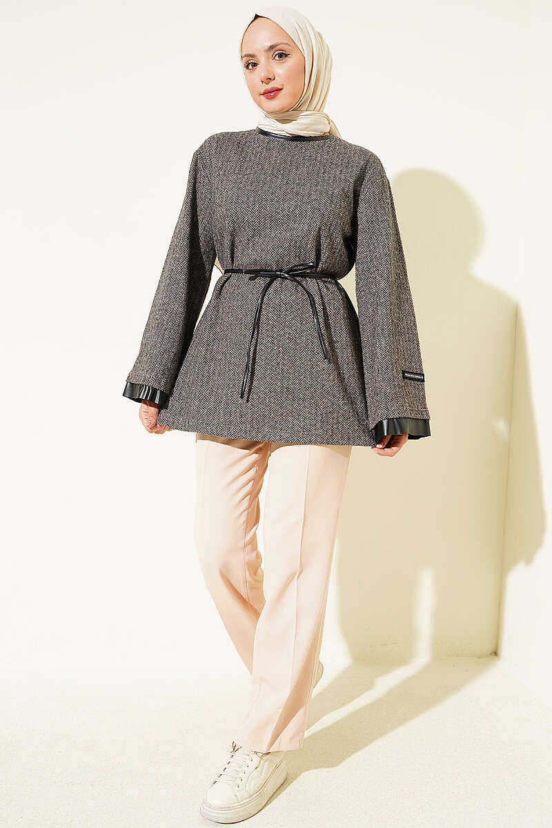 Houndstooth Tunic with Leather Ties and Trim - Beige