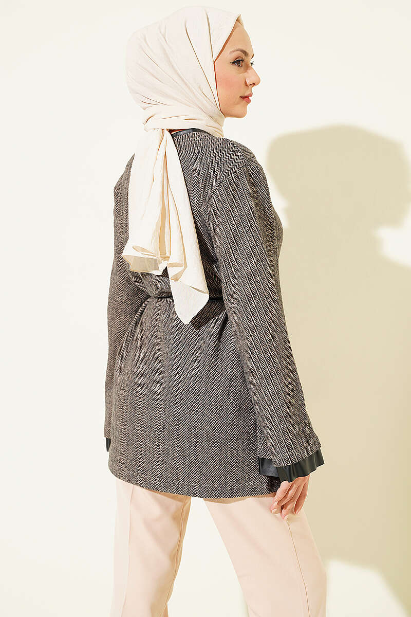 Houndstooth Tunic with Leather Ties and Trim - Beige