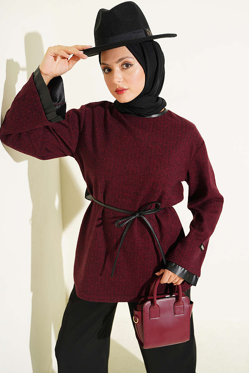 Houndstooth Tunic with Leather Ties and Trim - Burgundy