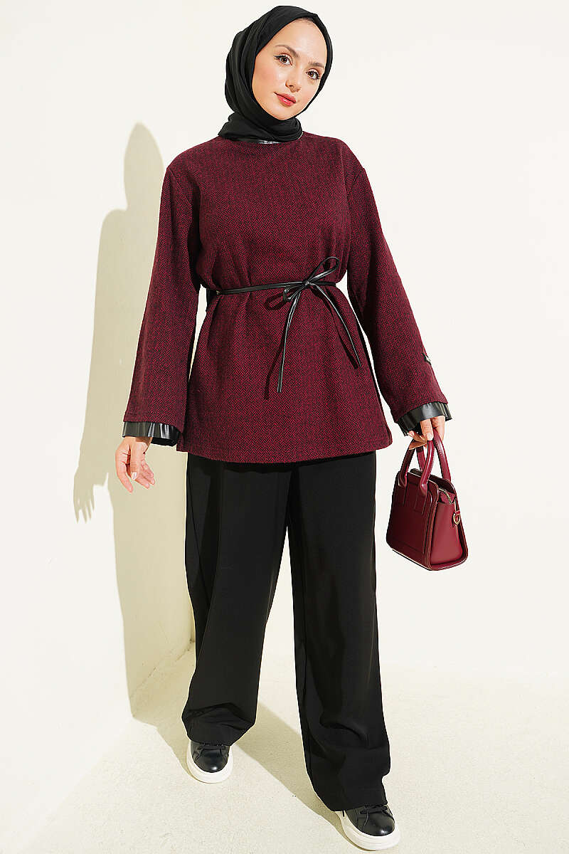 Houndstooth Tunic with Leather Ties and Trim - Burgundy
