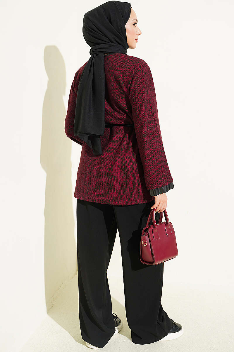 Houndstooth Tunic with Leather Ties and Trim - Burgundy