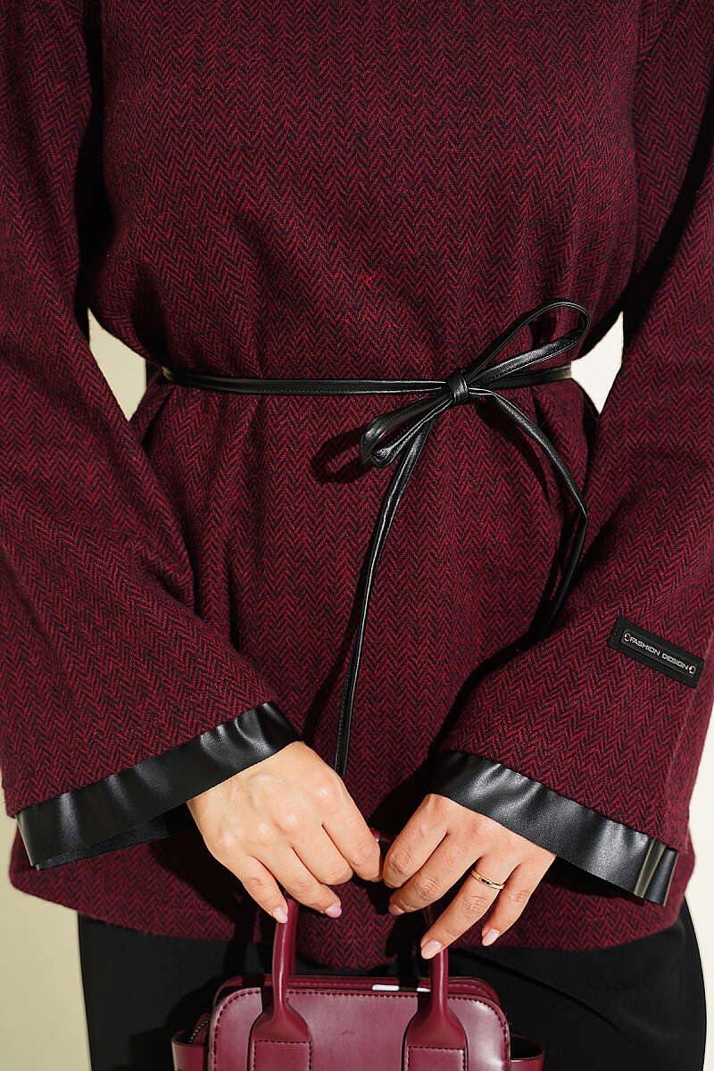 Houndstooth Tunic with Leather Ties and Trim - Burgundy