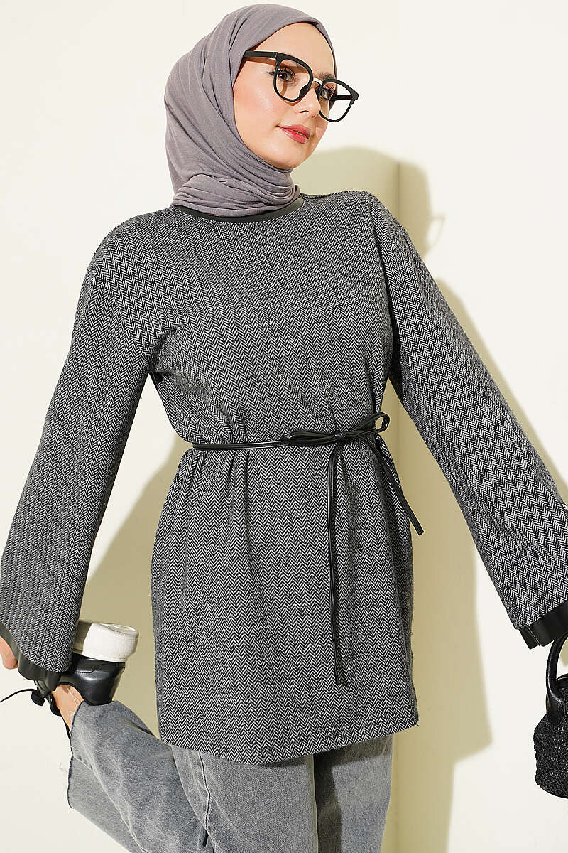 Houndstooth Tunic with Leather Ties and Trim - Smoke Grey
