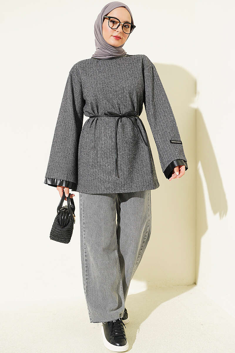 Houndstooth Tunic with Leather Ties and Trim - Smoke Grey