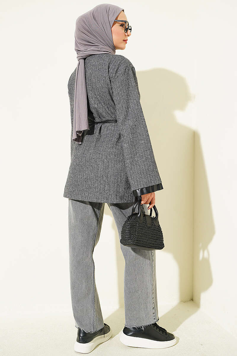 Houndstooth Tunic with Leather Ties and Trim - Smoke Grey