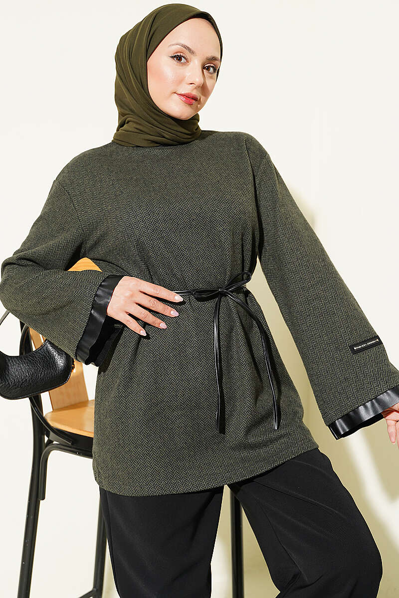 Houndstooth Tunic with Leather Ties and Trim - Khaki