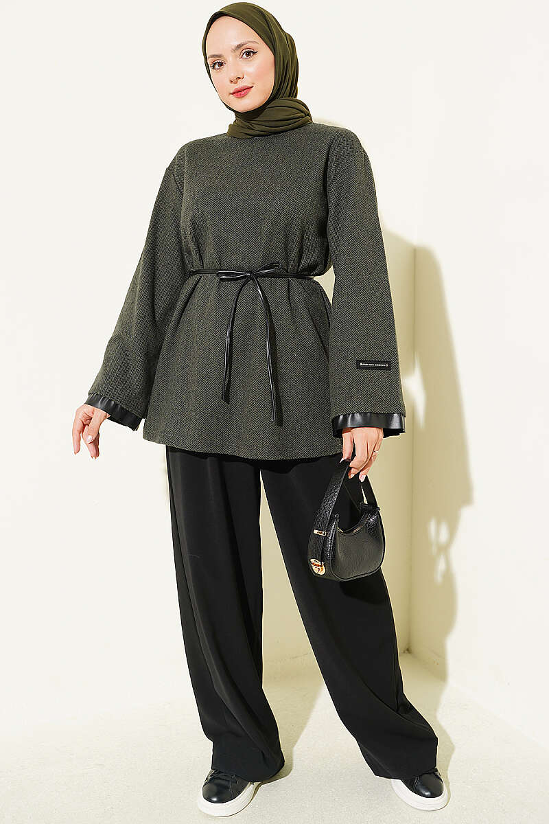 Houndstooth Tunic with Leather Ties and Trim - Khaki