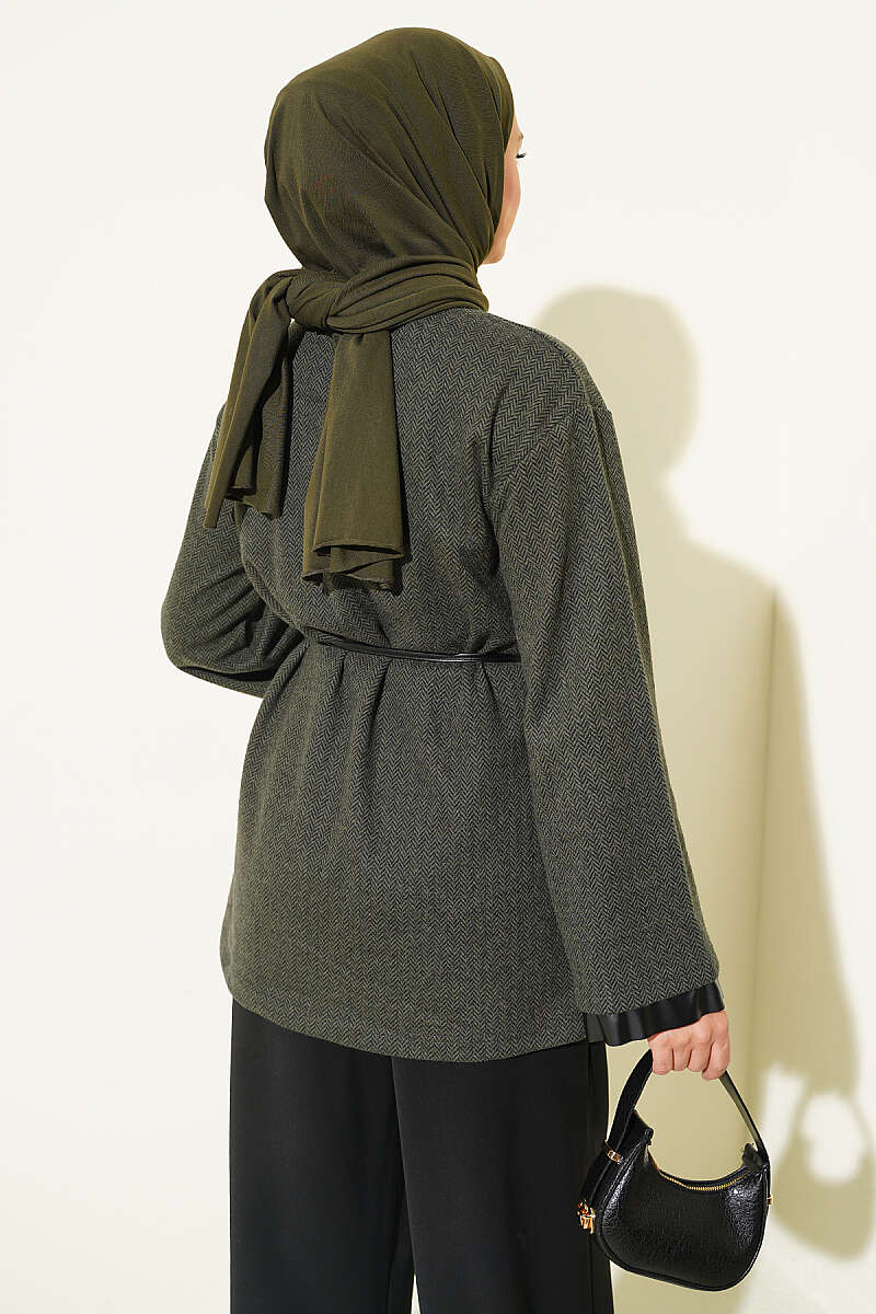 Houndstooth Tunic with Leather Ties and Trim - Khaki