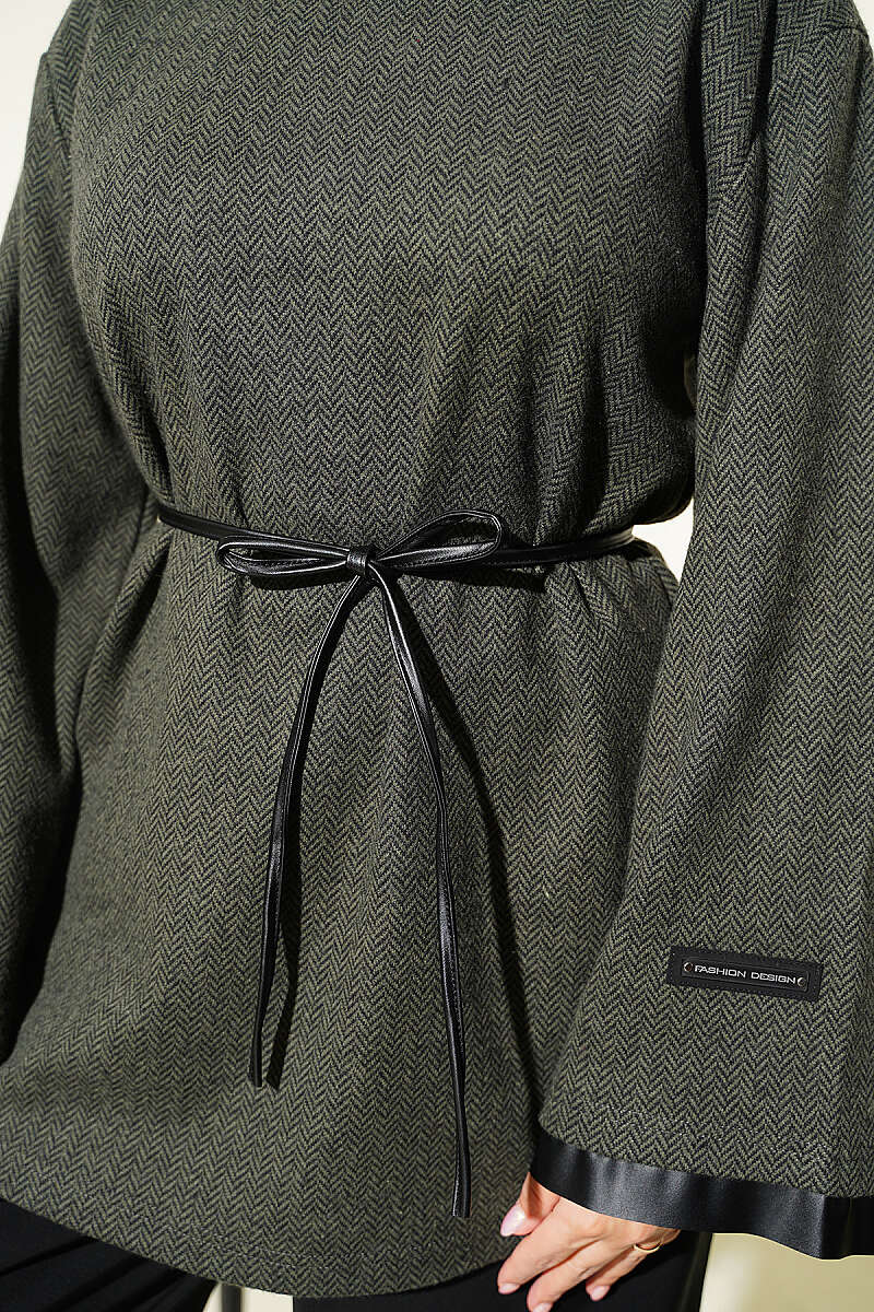 Houndstooth Tunic with Leather Ties and Trim - Khaki
