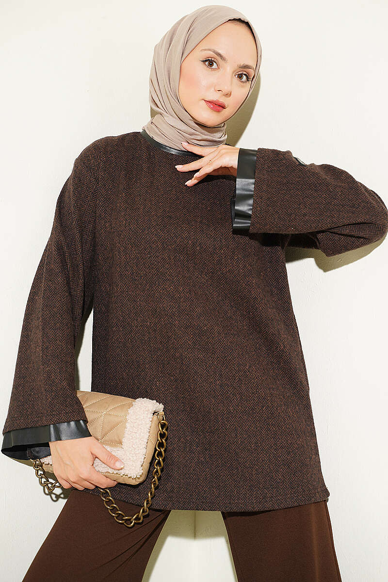 Houndstooth Tunic with Leather Ties and Trim - Brown