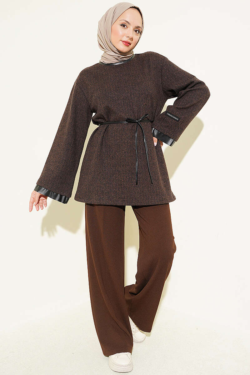 Houndstooth Tunic with Leather Ties and Trim - Brown