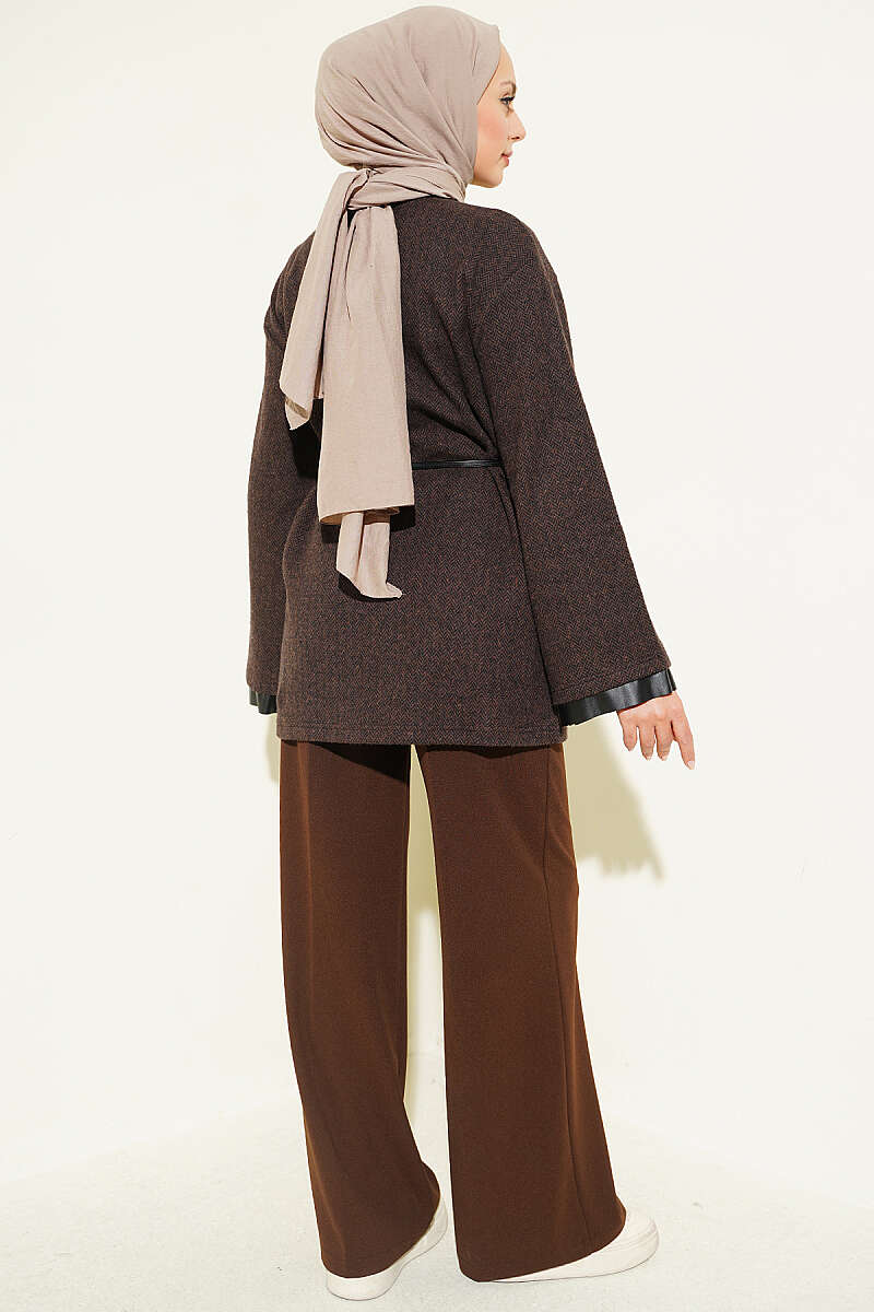 Houndstooth Tunic with Leather Ties and Trim - Brown