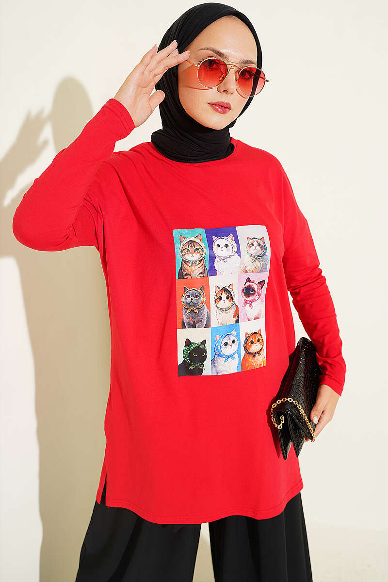 Cat Print Tunic - Red