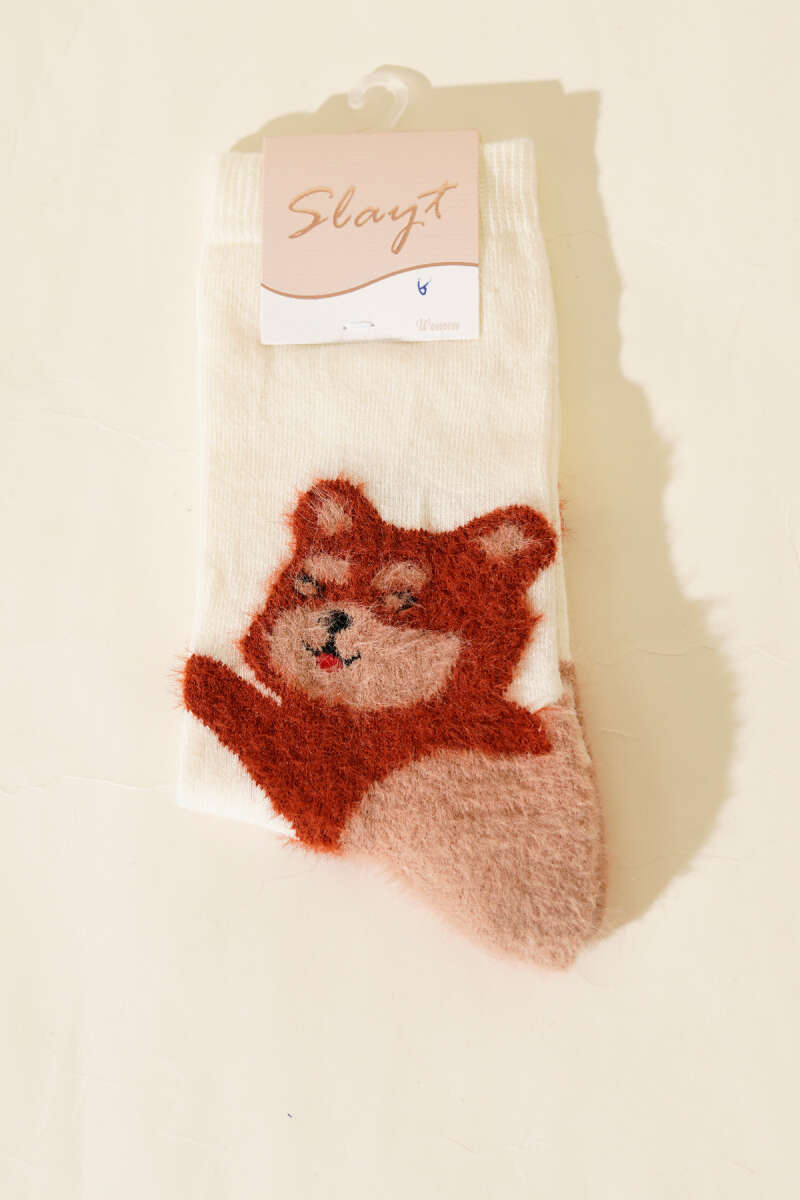 Fluffy Cat Ankle Socks - Ecru
