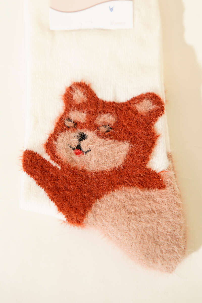 Fluffy Cat Ankle Socks - Ecru