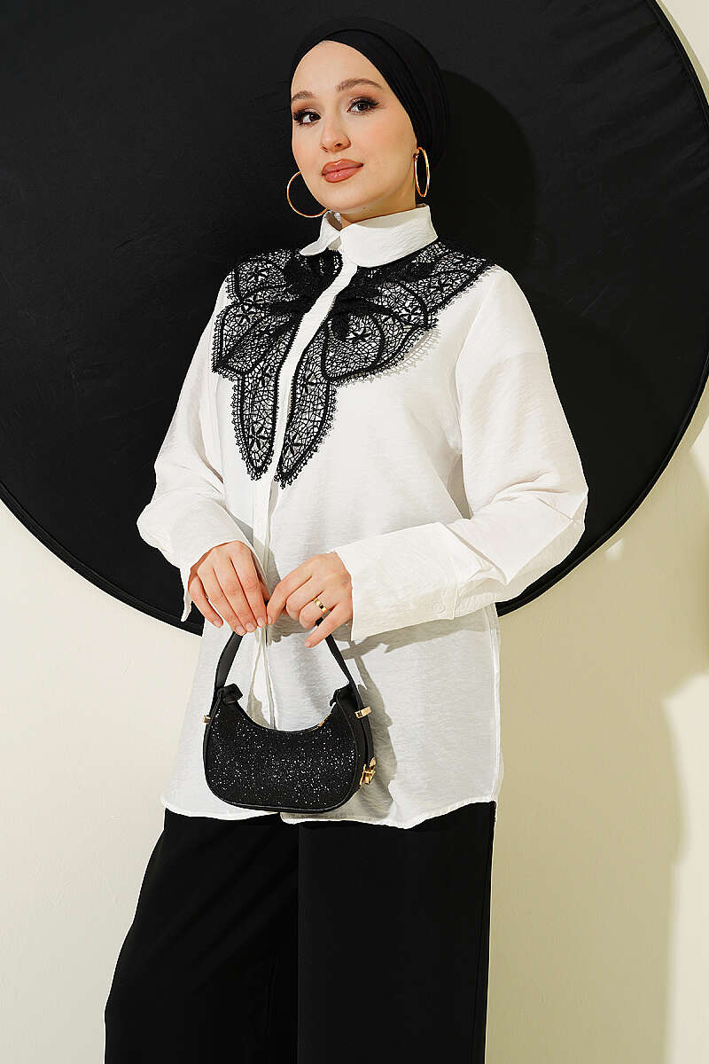 Shirt with Butterfly Lace Detail - White