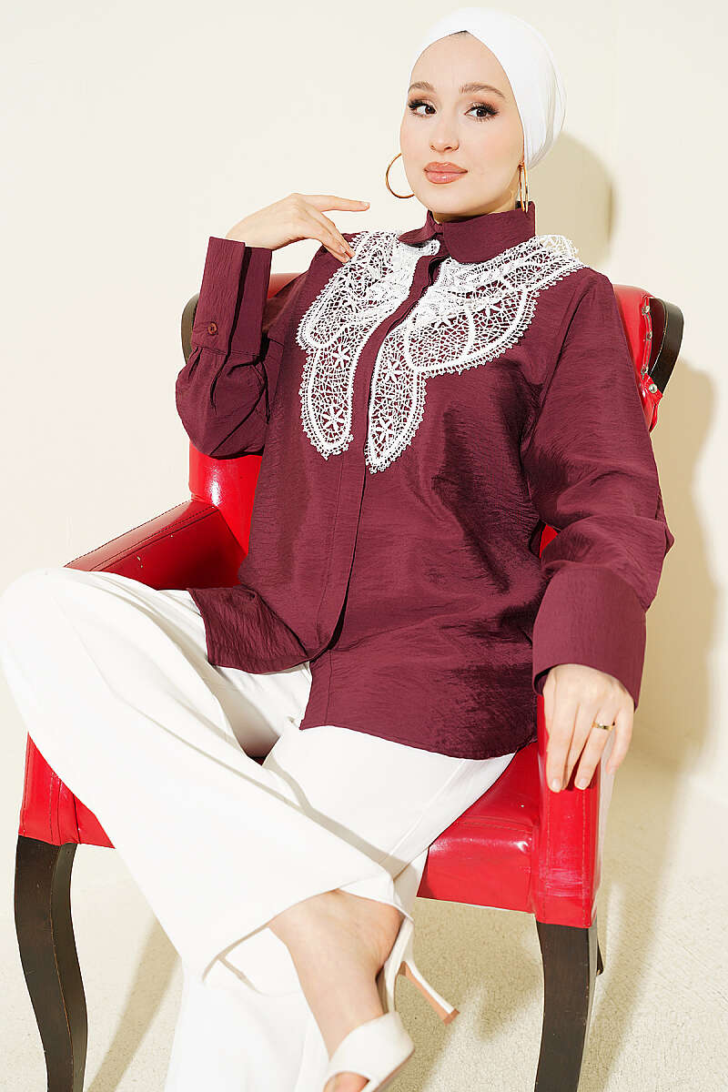 Shirt with Butterfly Lace Detail - Burgundy