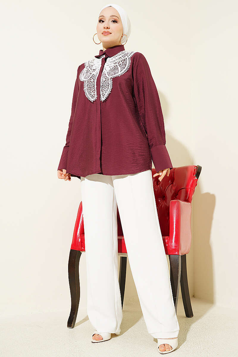 Shirt with Butterfly Lace Detail - Burgundy