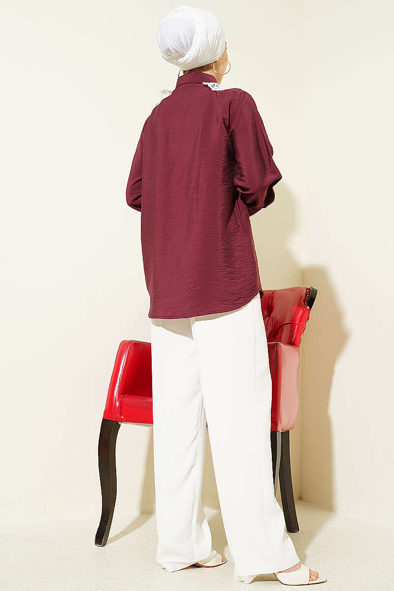 Shirt with Butterfly Lace Detail - Burgundy