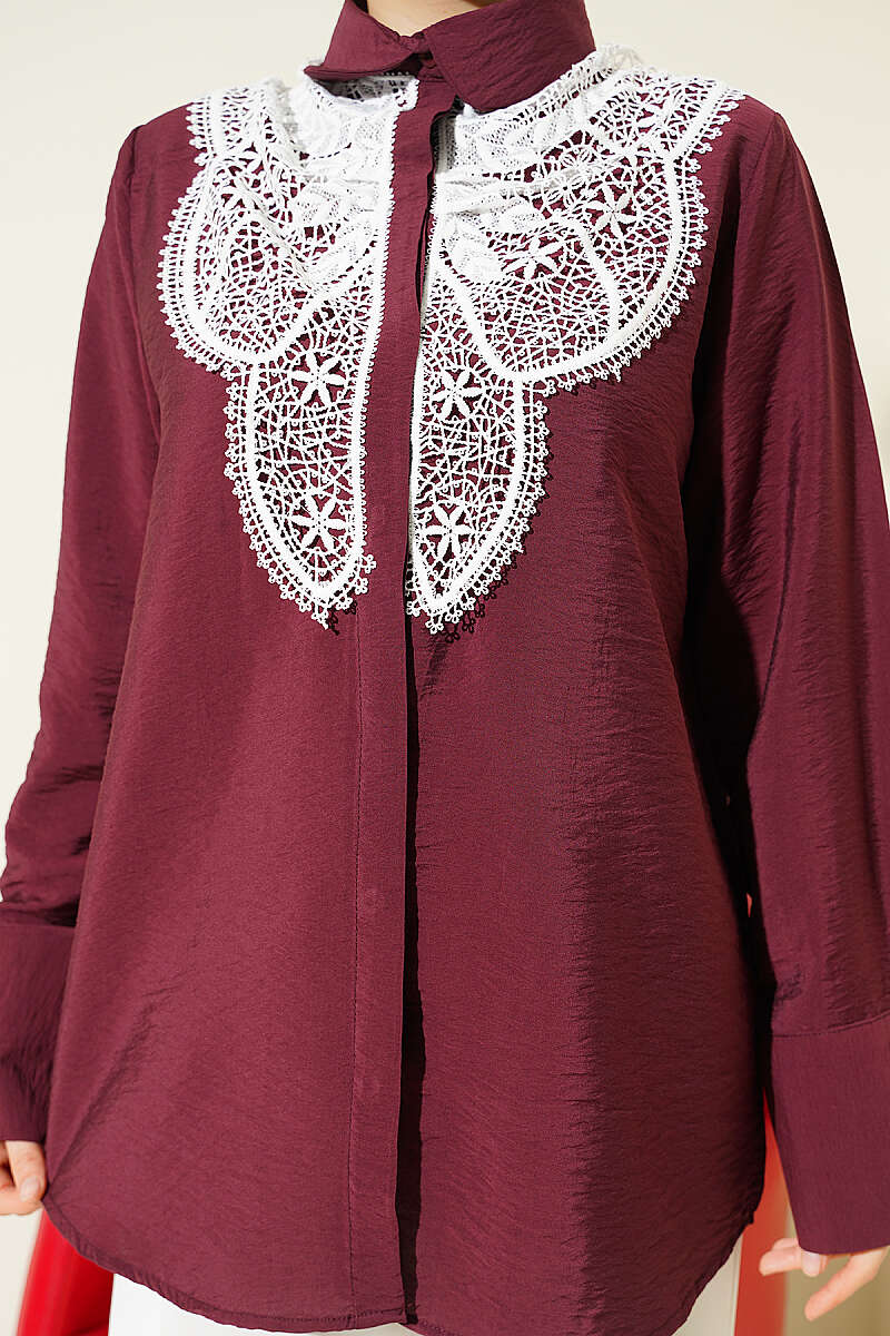 Shirt with Butterfly Lace Detail - Burgundy