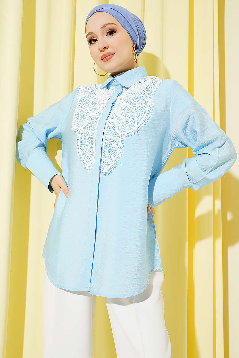 Shirt with Butterfly Lace Detail - Ice Blue